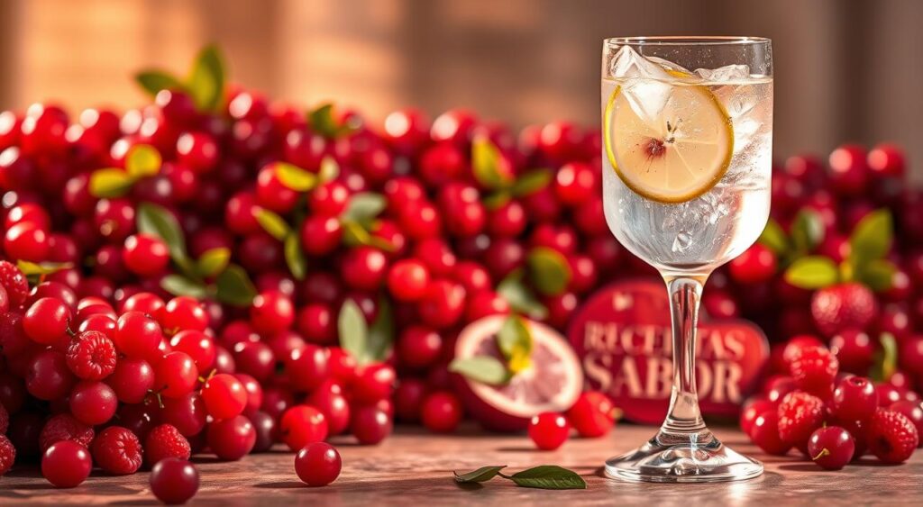 Lush, vibrant red fruits cascading across a table, illuminated by soft, warm lighting. A refreshing gin and tonic, garnished with a twist of citrus, stands in the foreground, complementing the ruby hues of the berries. In the background, a subtle Receitas e Sabor branding adds a touch of elegance. The scene conveys a sense of sophistication and a balance of flavors, inviting the viewer to indulge in this delightful pairing of red fruits and the classic gin and tonic. Lush, vibrant red fruits cascading across a table, illuminated by soft, warm lighting. A refreshing gin and tonic, garnished with a twist of citrus, stands in the foreground, complementing the ruby hues of the berries. In the background, a subtle Receitas e Sabor branding adds a touch of elegance. The scene conveys a sense of sophistication and a balance of flavors, inviting the viewer to indulge in this delightful pairing of red fruits and the classic gin and tonic.