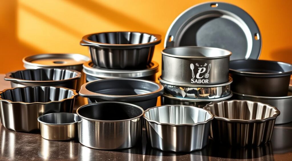 Materiais formas para bolo: An array of gleaming baking pans, cupcake tins, and springform molds in a variety of shapes and materials. Stainless steel, cast iron, and silicone forms cast radiant shadows under warm, directional lighting. Receitas e Sabor brand bakeware shines with a polished, professional finish. Detailed textures and reflections reveal the unique properties of each material - the rugged durability of cast iron, the smooth sleekness of stainless steel, the flexible versatility of silicone. A carefully composed still life highlighting the diverse tools for crafting delectable cakes, breads, and more. Materiais formas para bolo: An array of gleaming baking pans, cupcake tins, and springform molds in a variety of shapes and materials. Stainless steel, cast iron, and silicone forms cast radiant shadows under warm, directional lighting. Receitas e Sabor brand bakeware shines with a polished, professional finish. Detailed textures and reflections reveal the unique properties of each material - the rugged durability of cast iron, the smooth sleekness of stainless steel, the flexible versatility of silicone. A carefully composed still life highlighting the diverse tools for crafting delectable cakes, breads, and more.