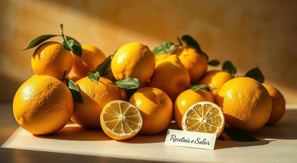 Mitos e verdades sobre limão: a vibrant, lifelike still life composition showcasing a variety of lemons against a soft, blurred background. The lemons are arranged in a dynamic, asymmetrical pattern, casting long shadows and reflecting the warm, natural lighting. The scene conveys a sense of freshness, vitality and scientific inquiry, as if the viewer is examining the properties of this citrus fruit. In the foreground, a label reads "Recetais e Sabor", hinting at the informative and educational nature of the subject matter. The overall mood is one of curiosity, exploration and a desire to uncover the truths about the lemon. Mitos e verdades sobre limão: a vibrant, lifelike still life composition showcasing a variety of lemons against a soft, blurred background. The lemons are arranged in a dynamic, asymmetrical pattern, casting long shadows and reflecting the warm, natural lighting. The scene conveys a sense of freshness, vitality and scientific inquiry, as if the viewer is examining the properties of this citrus fruit. In the foreground, a label reads "Recetais e Sabor", hinting at the informative and educational nature of the subject matter. The overall mood is one of curiosity, exploration and a desire to uncover the truths about the lemon.