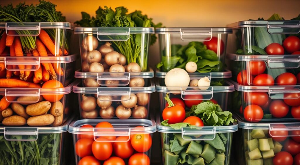 Neatly arranged storage containers filled with a variety of fresh, colorful vegetables - carrots, potatoes, onions, tomatoes, and leafy greens. The containers are illuminated by warm, natural lighting, creating a cozy, inviting atmosphere. The scene is captured from a slightly elevated angle, showcasing the organization and efficiency of the vegetable storage setup. Subtle reflections on the container surfaces add depth and visual interest. The overall composition emphasizes the importance of proper storage techniques to preserve the freshness and quality of different types of produce, as featured in the "Receitas e Sabor" article. Neatly arranged storage containers filled with a variety of fresh, colorful vegetables - carrots, potatoes, onions, tomatoes, and leafy greens. The containers are illuminated by warm, natural lighting, creating a cozy, inviting atmosphere. The scene is captured from a slightly elevated angle, showcasing the organization and efficiency of the vegetable storage setup. Subtle reflections on the container surfaces add depth and visual interest. The overall composition emphasizes the importance of proper storage techniques to preserve the freshness and quality of different types of produce, as featured in the "Receitas e Sabor" article.