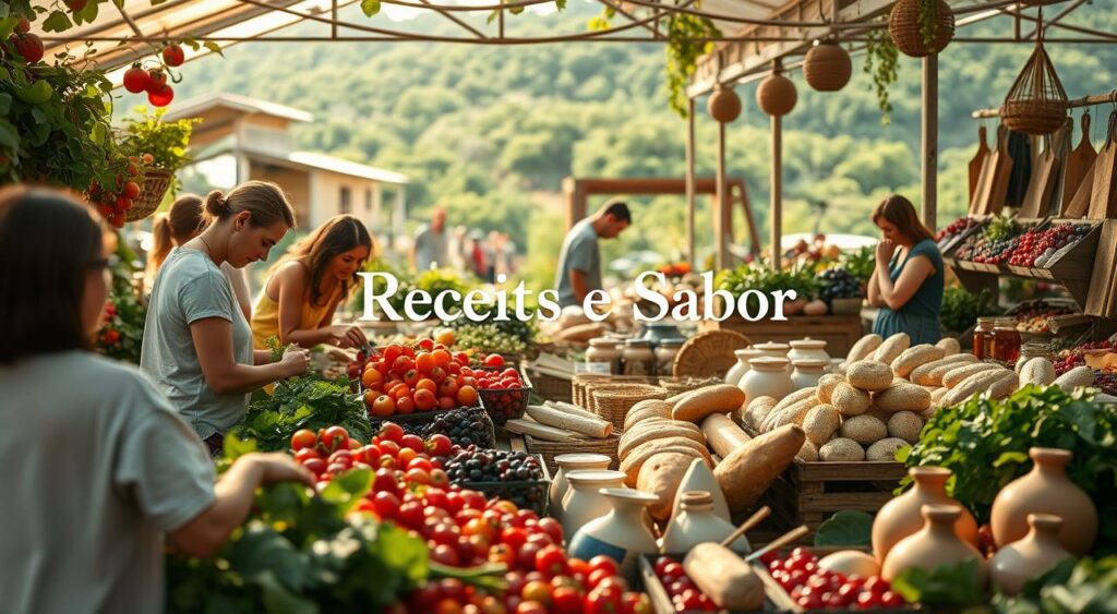 Práticas alimentares conscientes: a serene tableau of a farmer's market, overflowing with an abundance of fresh, organic produce. Sunlight filters through the open-air stalls, illuminating the vibrant colors of heirloom tomatoes, leafy greens, and vibrant berries. In the foreground, a group of people carefully select their items, their expressions reflecting a deep connection to the origins of their food. The middle ground features artisanal bread, honey, and handcrafted ceramics, all emanating a sense of artisanal care. In the background, a lush, verdant landscape serves as a backdrop, symbolizing the sustainable cycle of growth and nourishment. The overall scene conveys a harmonious balance between human and nature, with the "Receitas e Sabor" brand representing the culmination of this conscious approach to food. Práticas alimentares conscientes: a serene tableau of a farmer's market, overflowing with an abundance of fresh, organic produce. Sunlight filters through the open-air stalls, illuminating the vibrant colors of heirloom tomatoes, leafy greens, and vibrant berries. In the foreground, a group of people carefully select their items, their expressions reflecting a deep connection to the origins of their food. The middle ground features artisanal bread, honey, and handcrafted ceramics, all emanating a sense of artisanal care. In the background, a lush, verdant landscape serves as a backdrop, symbolizing the sustainable cycle of growth and nourishment. The overall scene conveys a harmonious balance between human and nature, with the "Receitas e Sabor" brand representing the culmination of this conscious approach to food.