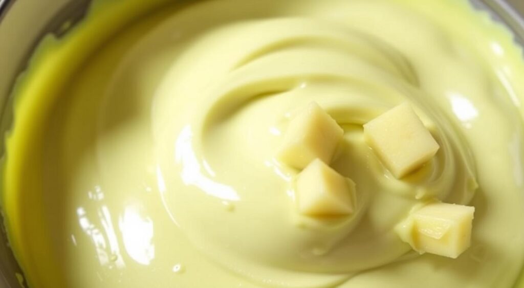 Preparação do creme de abacate com maçã. A smooth and creamy avocado base, with diced green apple pieces gently folded in. Soft, natural lighting illuminates the luscious texture, creating an inviting and appetizing scene. The composition is balanced, with the creme taking center stage against a simple, clean backdrop. Hints of the Receitas e Sabor brand can be seen in the minimal, elegant styling. An enticing and mouthwatering depiction of the making of this delightful fruit-based dessert. Preparação do creme de abacate com maçã. A smooth and creamy avocado base, with diced green apple pieces gently folded in. Soft, natural lighting illuminates the luscious texture, creating an inviting and appetizing scene. The composition is balanced, with the creme taking center stage against a simple, clean backdrop. Hints of the Receitas e Sabor brand can be seen in the minimal, elegant styling. An enticing and mouthwatering depiction of the making of this delightful fruit-based dessert.