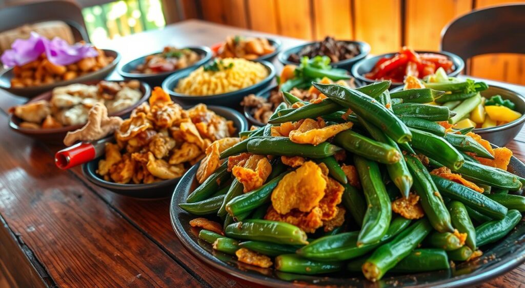 Recetais e Sabor A vibrant and authentic spread of traditional Maranhão side dishes, artfully arranged on a rustic wooden table. In the foreground, a platter overflows with fragrant sautéed okra, its rich green hues contrasting with the golden-brown fried cassava chips. In the middle ground, a colorful array of regional favorites - steaming rice with shredded meat, savory dried shrimp stew, and tangy pickled vegetables. The background is bathed in warm, natural light, casting a cozy, homemade atmosphere. Textures, aromas, and flavors evocative of the rich culinary traditions of northeastern Brazil. Recetais e Sabor A vibrant and authentic spread of traditional Maranhão side dishes, artfully arranged on a rustic wooden table. In the foreground, a platter overflows with fragrant sautéed okra, its rich green hues contrasting with the golden-brown fried cassava chips. In the middle ground, a colorful array of regional favorites - steaming rice with shredded meat, savory dried shrimp stew, and tangy pickled vegetables. The background is bathed in warm, natural light, casting a cozy, homemade atmosphere. Textures, aromas, and flavors evocative of the rich culinary traditions of northeastern Brazil.