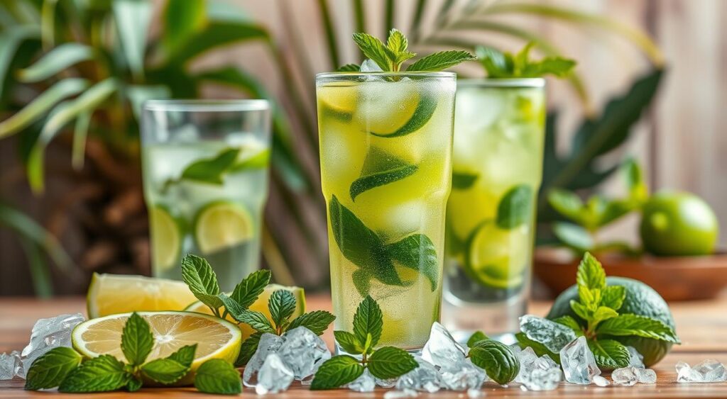 Variações criativas mocktail: A lively arrangement of refreshing non-alcoholic cocktail creations, featuring the classic Receitas e Sabor mock mojito as the centerpiece. In the foreground, a row of colorful garnishes - fresh mint sprigs, lime wedges, and crushed ice - set the stage for the layered mocktail. The middle ground showcases the mocktail itself, its vibrant green hue and bubbling effervescence inviting the viewer to take a sip. In the background, a blurred backdrop of tropical foliage and a wooden surface adds depth and a sense of natural, summery ambiance. Soft, natural lighting illuminates the scene, highlighting the mocktail's alluring qualities and the overall sense of refreshment. Variações criativas mocktail: A lively arrangement of refreshing non-alcoholic cocktail creations, featuring the classic Receitas e Sabor mock mojito as the centerpiece. In the foreground, a row of colorful garnishes - fresh mint sprigs, lime wedges, and crushed ice - set the stage for the layered mocktail. The middle ground showcases the mocktail itself, its vibrant green hue and bubbling effervescence inviting the viewer to take a sip. In the background, a blurred backdrop of tropical foliage and a wooden surface adds depth and a sense of natural, summery ambiance. Soft, natural lighting illuminates the scene, highlighting the mocktail's alluring qualities and the overall sense of refreshment.