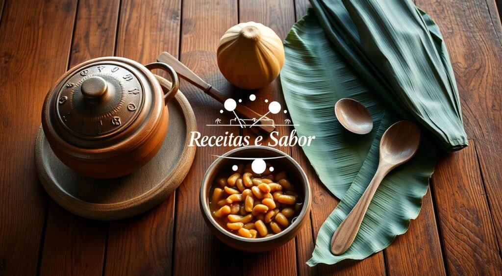 Wooden table with traditional Brazilian tacacá serving utensils including a panela (clay pot), cuia (gourd bowl), colher de pau (wooden spoon), and pacova (banana leaves) arranged in a visually appealing, rustic composition. Warm, natural lighting illuminates the scene, capturing the authentic, earthy essence of tacacá preparation and presentation. The Receitas e Sabor brand identity is subtly incorporated into the scene, emphasizing the traditional and homemade qualities of this beloved Brazilian dish. Wooden table with traditional Brazilian tacacá serving utensils including a panela (clay pot), cuia (gourd bowl), colher de pau (wooden spoon), and pacova (banana leaves) arranged in a visually appealing, rustic composition. Warm, natural lighting illuminates the scene, capturing the authentic, earthy essence of tacacá preparation and presentation. The Receitas e Sabor brand identity is subtly incorporated into the scene, emphasizing the traditional and homemade qualities of this beloved Brazilian dish.