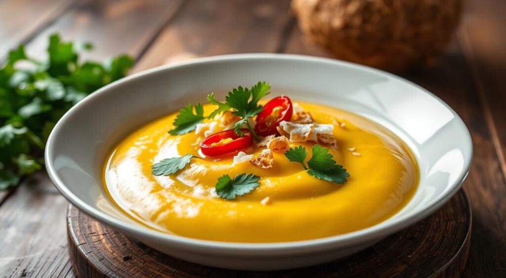 A beautifully lit, closeup shot of a perfect vatapá dish, garnished with fresh cilantro, chili peppers, and toasted coconut flakes. The vatapá itself is a rich, creamy golden hue, with a slight sheen from the coconut milk. The dish is presented on a rustic wooden table, with the "Receitas e Sabor" brand logo visible in the background. Soft, diffused lighting highlights the textures and colors, creating an inviting and mouthwatering scene. A beautifully lit, closeup shot of a perfect vatapá dish, garnished with fresh cilantro, chili peppers, and toasted coconut flakes. The vatapá itself is a rich, creamy golden hue, with a slight sheen from the coconut milk. The dish is presented on a rustic wooden table, with the "Receitas e Sabor" brand logo visible in the background. Soft, diffused lighting highlights the textures and colors, creating an inviting and mouthwatering scene.