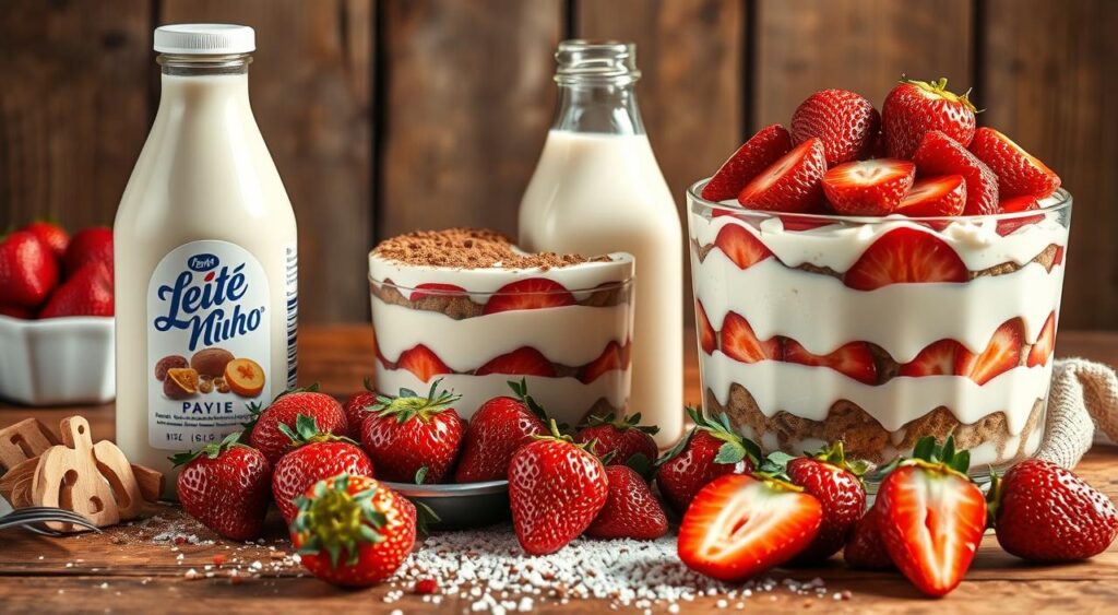 A bountiful still life of the key ingredients for a classic Brazilian layered dessert, "pavê", with a focus on creamy Leite Ninho milk, fresh strawberries, and a variety of textures and colors. The scene is bathed in warm, natural lighting, highlighting the lush, appetizing details of each component. Arranged artfully on a rustic wooden table or surface, the mise en scène evokes a homemade, artisanal feel, as if photographed for the "Receitas e Sabor" cookbook. The overall composition is balanced and visually appealing, conveying the indulgent and comforting nature of this beloved Brazilian treat. A bountiful still life of the key ingredients for a classic Brazilian layered dessert, "pavê", with a focus on creamy Leite Ninho milk, fresh strawberries, and a variety of textures and colors. The scene is bathed in warm, natural lighting, highlighting the lush, appetizing details of each component. Arranged artfully on a rustic wooden table or surface, the mise en scène evokes a homemade, artisanal feel, as if photographed for the "Receitas e Sabor" cookbook. The overall composition is balanced and visually appealing, conveying the indulgent and comforting nature of this beloved Brazilian treat.