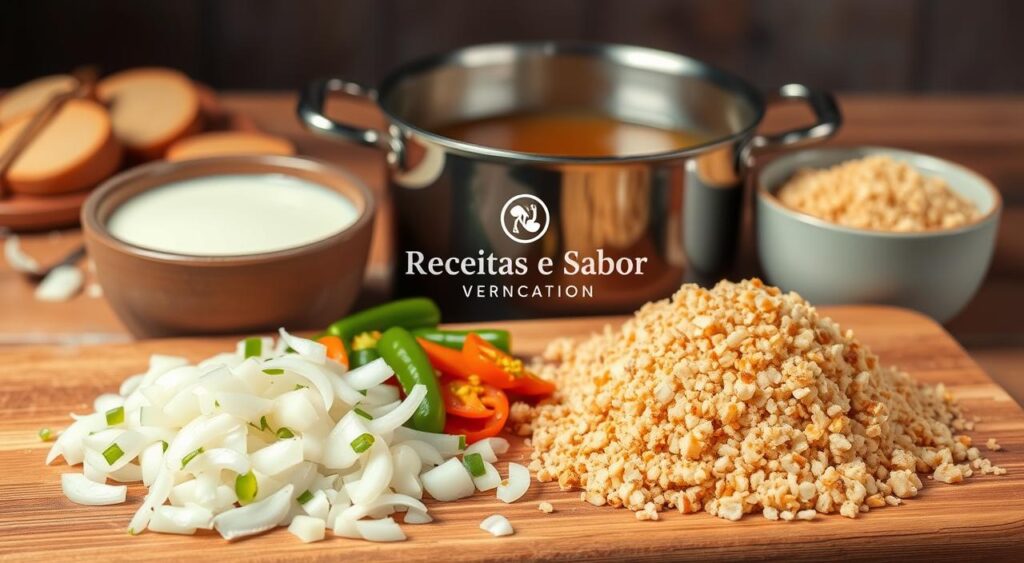 A carefully arranged mise en place showcasing the essential ingredients for preparing the beloved Brazilian dish vatapá. In the foreground, a wooden board displays delicately chopped onions, garlic, and peppers, glistening with just-added olive oil. Beside them, a bowl of creamy coconut milk and a pile of toasted breadcrumbs stand ready to be incorporated. In the middle ground, a large pot simmers with a fragrant broth, its surface gently rippling. Overhead, warm lighting casts a soft, inviting glow, accentuating the rich colors and textures of the dish. In the background, the Receitas e Sabor brand logo is discreetly displayed, signifying the culinary expertise behind this traditional recipe. A carefully arranged mise en place showcasing the essential ingredients for preparing the beloved Brazilian dish vatapá. In the foreground, a wooden board displays delicately chopped onions, garlic, and peppers, glistening with just-added olive oil. Beside them, a bowl of creamy coconut milk and a pile of toasted breadcrumbs stand ready to be incorporated. In the middle ground, a large pot simmers with a fragrant broth, its surface gently rippling. Overhead, warm lighting casts a soft, inviting glow, accentuating the rich colors and textures of the dish. In the background, the Receitas e Sabor brand logo is discreetly displayed, signifying the culinary expertise behind this traditional recipe.