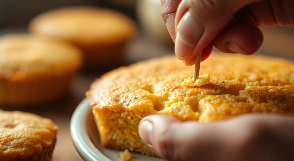 A close-up photograph of a hand gently inserting a toothpick into a freshly baked homemade corn cake, testing the perfect doneness. Soft, golden-brown cake crumbs cling to the wooden toothpick, indicating the ideal baking point. The image is captured in natural, warm lighting, with a shallow depth of field that subtly blurs the background, placing the focus on the decisive moment of the skewer test. The scene evokes a sense of domestic comfort and the pride of creating the "Receitas e Sabor" corn cake recipe. A close-up photograph of a hand gently inserting a toothpick into a freshly baked homemade corn cake, testing the perfect doneness. Soft, golden-brown cake crumbs cling to the wooden toothpick, indicating the ideal baking point. The image is captured in natural, warm lighting, with a shallow depth of field that subtly blurs the background, placing the focus on the decisive moment of the skewer test. The scene evokes a sense of domestic comfort and the pride of creating the "Receitas e Sabor" corn cake recipe.