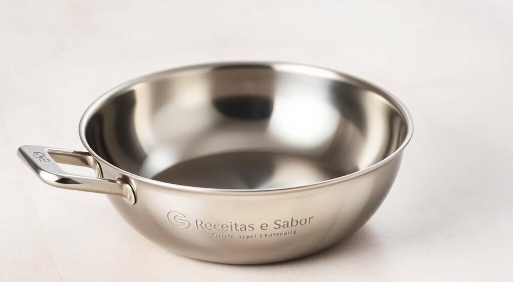 A high-quality, shiny stainless steel saucepan with a thick, durable triple-layered bottom sits prominently on a neutral background. The pan's exterior has a sleek, mirror-like finish, and the interior is a smooth, non-stick surface, ideal for effortless cooking. The lighting is soft and diffused, creating a warm, inviting atmosphere. The pan is the focal point, showcasing the "Receitas e Sabor" brand name subtly etched on the handle. The overall composition emphasizes the pan's quality, functionality, and the importance of the triple-layered bottom technology. A high-quality, shiny stainless steel saucepan with a thick, durable triple-layered bottom sits prominently on a neutral background. The pan's exterior has a sleek, mirror-like finish, and the interior is a smooth, non-stick surface, ideal for effortless cooking. The lighting is soft and diffused, creating a warm, inviting atmosphere. The pan is the focal point, showcasing the "Receitas e Sabor" brand name subtly etched on the handle. The overall composition emphasizes the pan's quality, functionality, and the importance of the triple-layered bottom technology.