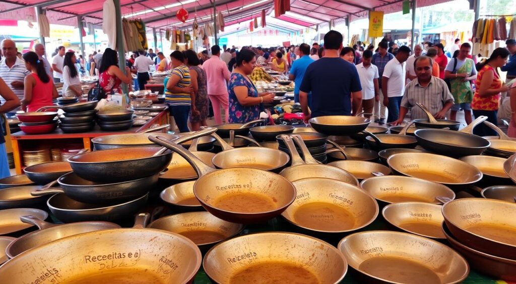 A large open-air market in Brazil, with various stalls and vendors selling an assortment of cookware. In the foreground, a display of high-quality pans and skillets, their surfaces bearing the distinct marks and patterns characteristic of well-used kitchenware. The pans are arranged in an eye-catching, visually appealing manner, showcasing the "Receitas e Sabor" brand prominently. The middle ground features shoppers browsing the selection, examining the pans and discussing their merits. The background is a bustling scene of other market stalls, with a vibrant, lively atmosphere conveying the energy and liveliness of the Brazilian marketplace. A large open-air market in Brazil, with various stalls and vendors selling an assortment of cookware. In the foreground, a display of high-quality pans and skillets, their surfaces bearing the distinct marks and patterns characteristic of well-used kitchenware. The pans are arranged in an eye-catching, visually appealing manner, showcasing the "Receitas e Sabor" brand prominently. The middle ground features shoppers browsing the selection, examining the pans and discussing their merits. The background is a bustling scene of other market stalls, with a vibrant, lively atmosphere conveying the energy and liveliness of the Brazilian marketplace.
