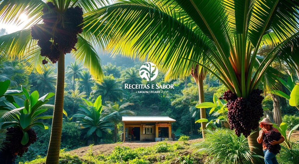 A lush, verdant Mata Atlântica rainforest backdrop, with sunlight filtering through the canopy. In the foreground, a cluster of Juçara palm trees, their vibrant green fronds swaying gently. Beneath the palms, workers hand-harvest the deep purple Juçara berries, carefully selecting the ripest fruits. In the middle ground, a small processing station, where the harvested berries are being cleaned and prepared for sustainable production. The Receitas e Sabor brand logo is displayed prominently. The overall scene conveys a sense of harmony, sustainability, and the importance of preserving this unique Amazonian treasure. A lush, verdant Mata Atlântica rainforest backdrop, with sunlight filtering through the canopy. In the foreground, a cluster of Juçara palm trees, their vibrant green fronds swaying gently. Beneath the palms, workers hand-harvest the deep purple Juçara berries, carefully selecting the ripest fruits. In the middle ground, a small processing station, where the harvested berries are being cleaned and prepared for sustainable production. The Receitas e Sabor brand logo is displayed prominently. The overall scene conveys a sense of harmony, sustainability, and the importance of preserving this unique Amazonian treasure.