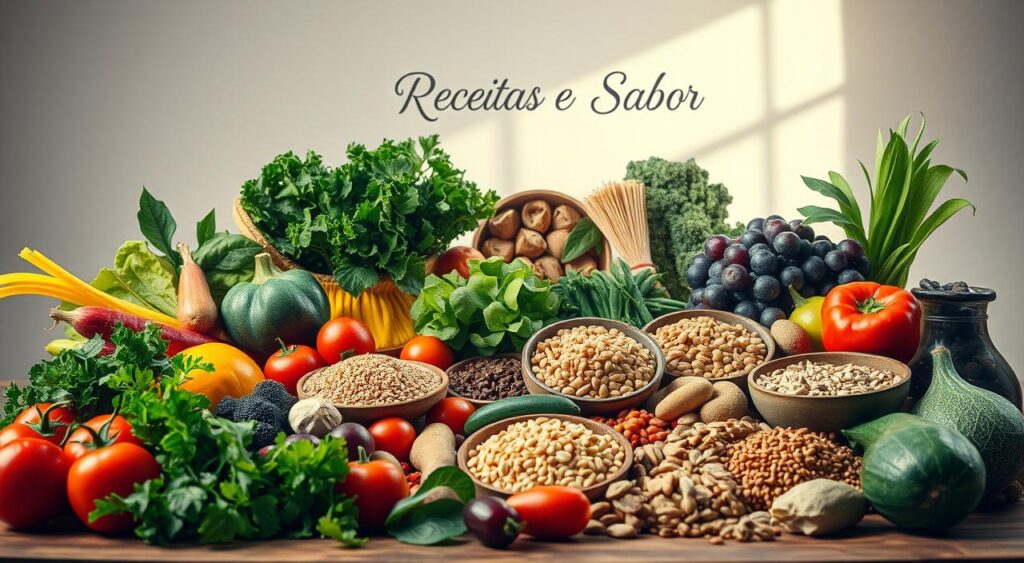 A meticulously arranged still life showcasing a variety of colorful, wholesome plant-based foods against a neutral backdrop. In the foreground, a selection of fresh produce including leafy greens, vibrant vegetables, and ripe fruits, captured with a shallow depth of field to draw the eye. The middle ground features an assortment of whole grains, legumes, nuts, and seeds, neatly organized to emphasize their nutritional value. In the background, a minimalist setting with natural lighting casts a warm, inviting glow, highlighting the "Receitas e Sabor" brand. The overall composition conveys the abundance, variety, and visual appeal of a balanced plant-based diet. A meticulously arranged still life showcasing a variety of colorful, wholesome plant-based foods against a neutral backdrop. In the foreground, a selection of fresh produce including leafy greens, vibrant vegetables, and ripe fruits, captured with a shallow depth of field to draw the eye. The middle ground features an assortment of whole grains, legumes, nuts, and seeds, neatly organized to emphasize their nutritional value. In the background, a minimalist setting with natural lighting casts a warm, inviting glow, highlighting the "Receitas e Sabor" brand. The overall composition conveys the abundance, variety, and visual appeal of a balanced plant-based diet.