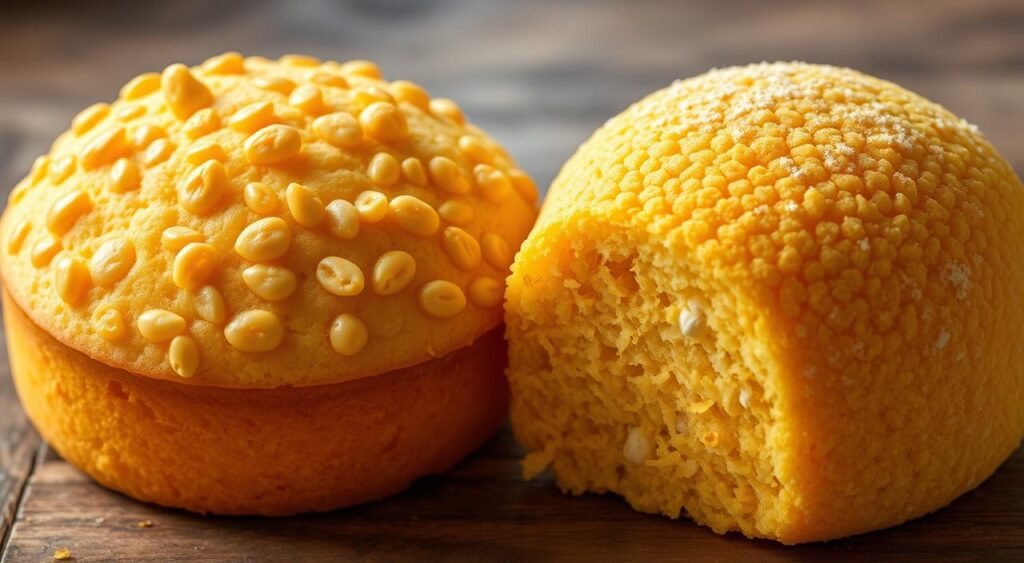 A mouthwatering close-up view of two distinct corn-based cakes, side by side. On the left, a golden-hued Bolo de Milho, its fluffy texture and vibrant kernels shining under warm, diffused lighting. On the right, a dense, coarse-textured Bolo de Fubá, its deep yellow hue and flecks of cornmeal visible. The cakes are arranged on a rustic wooden surface, lending an artisanal, homemade feel. The image exudes a comforting, nostalgic atmosphere, showcasing the subtle yet significant differences between these beloved Brazilian treats. Receitas e Sabor. A mouthwatering close-up view of two distinct corn-based cakes, side by side. On the left, a golden-hued Bolo de Milho, its fluffy texture and vibrant kernels shining under warm, diffused lighting. On the right, a dense, coarse-textured Bolo de Fubá, its deep yellow hue and flecks of cornmeal visible. The cakes are arranged on a rustic wooden surface, lending an artisanal, homemade feel. The image exudes a comforting, nostalgic atmosphere, showcasing the subtle yet significant differences between these beloved Brazilian treats. Receitas e Sabor.