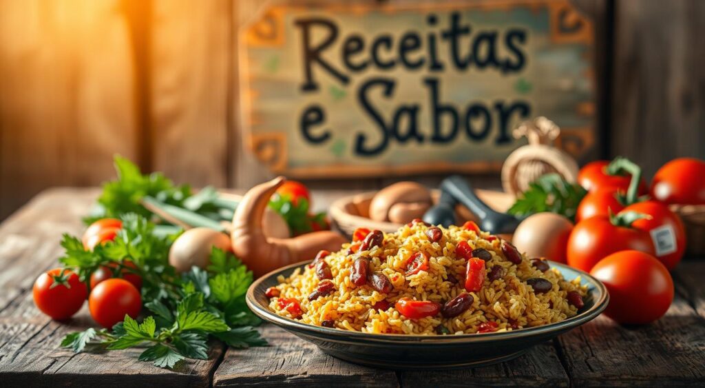 A nutritious Brazilian dish on a rustic wooden table, bathed in warm, natural lighting. In the foreground, a hearty plate of "Baião de Dois" - a traditional rice and bean stew, glistening with vibrant colors and textures. Surrounding it, an assortment of fresh ingredients like tomatoes, onions, and herbs, artfully arranged. In the background, a hand-painted "Receitas e Sabor" sign, evoking the rich culinary heritage of Brazil. The scene exudes a sense of nourishment, tradition, and the inviting aroma of a beloved home-cooked meal. A nutritious Brazilian dish on a rustic wooden table, bathed in warm, natural lighting. In the foreground, a hearty plate of "Baião de Dois" - a traditional rice and bean stew, glistening with vibrant colors and textures. Surrounding it, an assortment of fresh ingredients like tomatoes, onions, and herbs, artfully arranged. In the background, a hand-painted "Receitas e Sabor" sign, evoking the rich culinary heritage of Brazil. The scene exudes a sense of nourishment, tradition, and the inviting aroma of a beloved home-cooked meal.