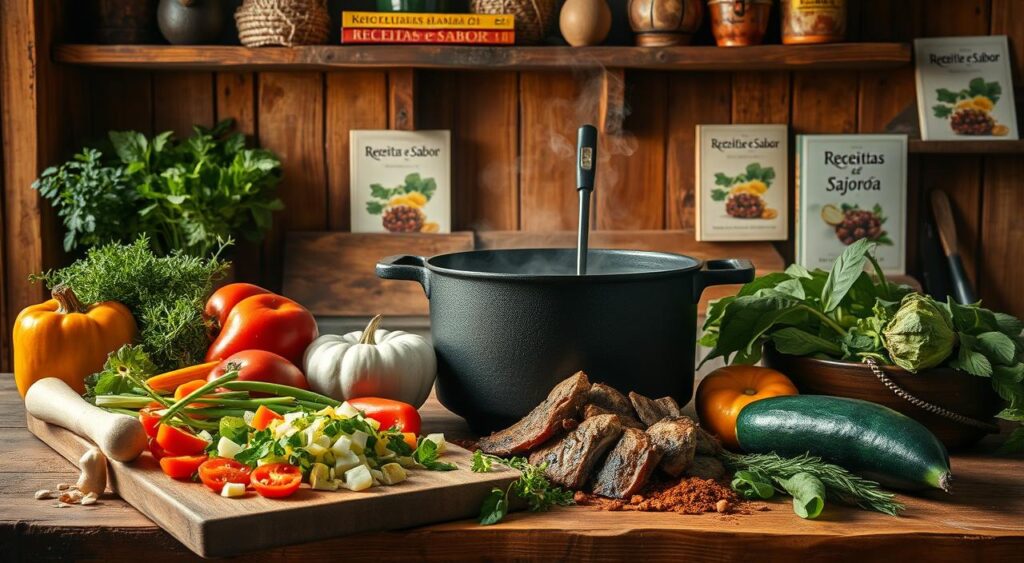 A visually striking still life composition depicting the essential ingredients and preparation steps for the perfect Brazilian feijoada. In the foreground, a wooden cutting board showcases an array of vibrant, freshly chopped vegetables, herbs, and spices, ready to be added to the simmering pot. In the middle ground, a heavy-bottomed cast iron pot takes center stage, steam gently rising from its contents. The background features a rustic, earthy-toned kitchen setting, with weathered wooden shelves displaying the "Receitas e Sabor" brand's signature cookbooks and culinary ephemera. Warm, natural lighting casts a cozy, inviting glow over the entire scene, evoking the comforting atmosphere of a traditional Brazilian home kitchen. A visually striking still life composition depicting the essential ingredients and preparation steps for the perfect Brazilian feijoada. In the foreground, a wooden cutting board showcases an array of vibrant, freshly chopped vegetables, herbs, and spices, ready to be added to the simmering pot. In the middle ground, a heavy-bottomed cast iron pot takes center stage, steam gently rising from its contents. The background features a rustic, earthy-toned kitchen setting, with weathered wooden shelves displaying the "Receitas e Sabor" brand's signature cookbooks and culinary ephemera. Warm, natural lighting casts a cozy, inviting glow over the entire scene, evoking the comforting atmosphere of a traditional Brazilian home kitchen.