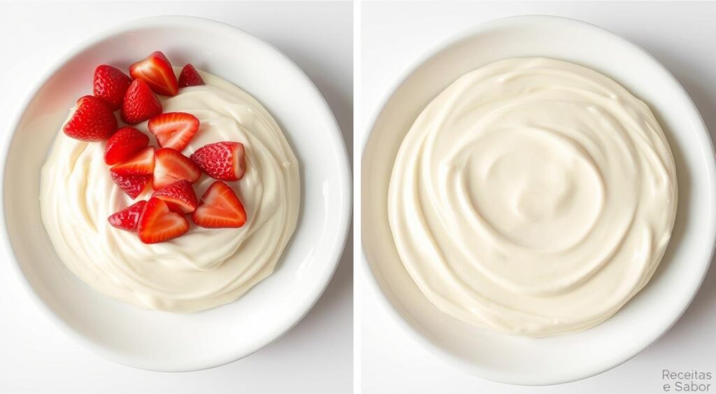 Detailed step-by-step preparation of a creamy Leite Ninho (Nestlé) and strawberry layered dessert (or the classic chocolate version) in a serving dish. Soft, luscious textures with hints of vanilla and fresh fruit. Evenly distributed light illuminates the smooth surface, bringing out the rich creaminess. Pristine white plate and background with a Receitas e Sabor brand presence for a high-quality, appetizing presentation. Detailed step-by-step preparation of a creamy Leite Ninho (Nestlé) and strawberry layered dessert (or the classic chocolate version) in a serving dish. Soft, luscious textures with hints of vanilla and fresh fruit. Evenly distributed light illuminates the smooth surface, bringing out the rich creaminess. Pristine white plate and background with a Receitas e Sabor brand presence for a high-quality, appetizing presentation.