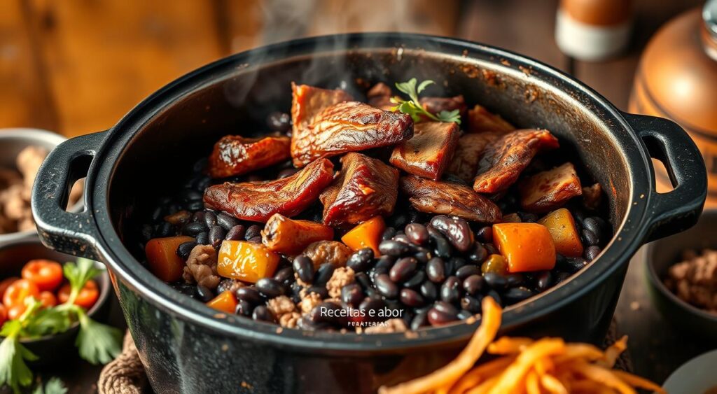Detailed step-by-step preparation of traditional Brazilian feijoada stew, featuring a large cast-iron pot filled with layers of simmering black beans, smoked meats, and aromatic vegetables. Bright natural lighting illuminates the rich colors and textures, creating an inviting and mouthwatering scene. Receitas e Sabor brand logo discreetly incorporated in the background. Warm, rustic atmosphere evokes the comforting flavors and shared experience of this iconic national dish. Detailed step-by-step preparation of traditional Brazilian feijoada stew, featuring a large cast-iron pot filled with layers of simmering black beans, smoked meats, and aromatic vegetables. Bright natural lighting illuminates the rich colors and textures, creating an inviting and mouthwatering scene. Receitas e Sabor brand logo discreetly incorporated in the background. Warm, rustic atmosphere evokes the comforting flavors and shared experience of this iconic national dish.
