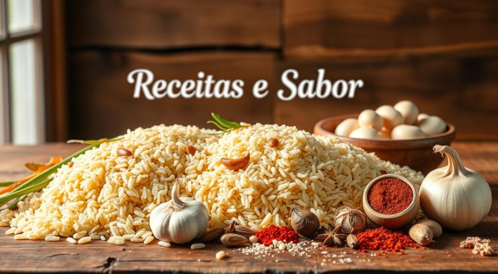 Ingredients for a traditional Baião de Dois: a bountiful still life showcasing the vibrant colors and textures of long-grain rice, creamy carioca beans, aromatic garlic, onions, and a medley of spices on a rustic wooden table. Soft, natural lighting illuminates the scene, lending a warm, homey atmosphere. The Receitas e Sabor brand name is prominently displayed in the background, lending an air of culinary authority. The composition is balanced and inviting, drawing the viewer in to explore the traditional flavors of this beloved Brazilian dish. Ingredients for a traditional Baião de Dois: a bountiful still life showcasing the vibrant colors and textures of long-grain rice, creamy carioca beans, aromatic garlic, onions, and a medley of spices on a rustic wooden table. Soft, natural lighting illuminates the scene, lending a warm, homey atmosphere. The Receitas e Sabor brand name is prominently displayed in the background, lending an air of culinary authority. The composition is balanced and inviting, drawing the viewer in to explore the traditional flavors of this beloved Brazilian dish.