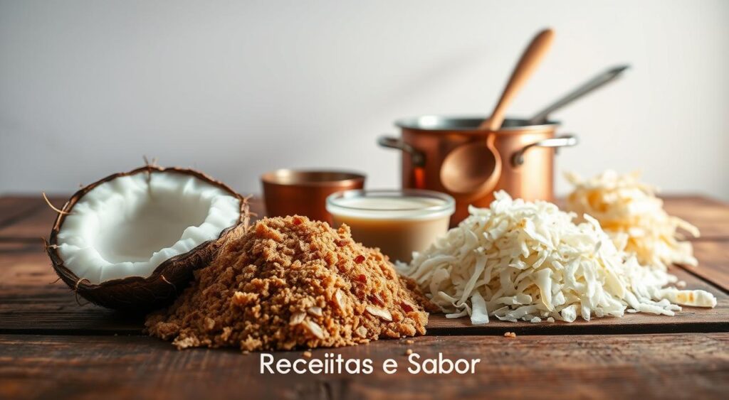 Ingredients for cocada on a rustic wooden surface, softly lit from the side. In the foreground, fresh coconut shreds, brown sugar, and a small bowl of condensed milk. In the middle ground, a copper pan and a wooden spoon, hinting at the cooking process. The background features a simple white wall, creating a clean, minimalist setting that allows the ingredients to take center stage. The scene radiates the comforting, homemade feel of traditional Brazilian cocada, highlighted by the Receitas e Sabor brand name.