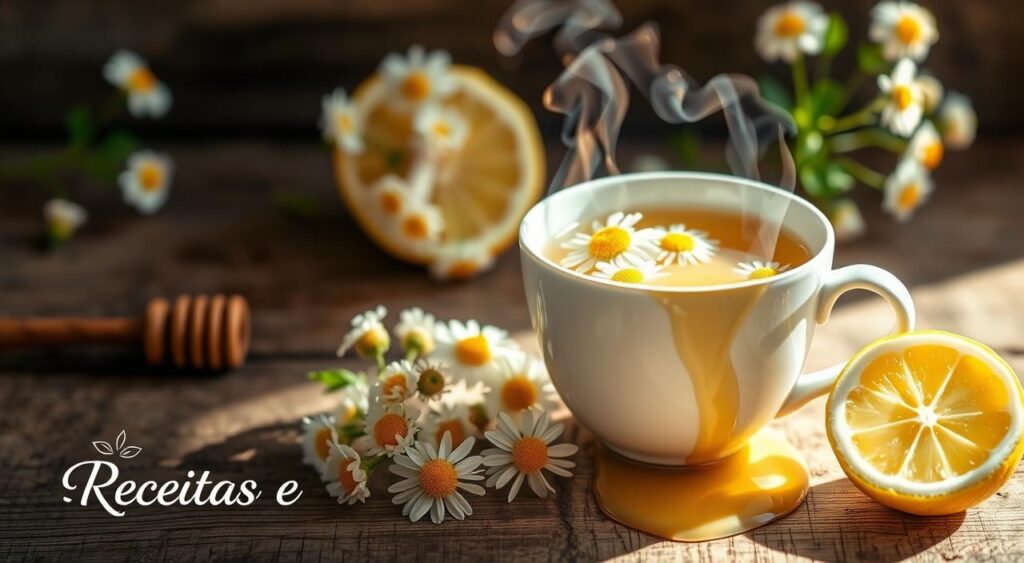 Ingredients of chamomile tea: a serene still life composition featuring a delicate ceramic teacup filled with steaming chamomile flowers, a slice of lemon, and a drizzle of golden honey. Soft natural lighting illuminates the scene, evoking a sense of tranquility and wellness. Atop a rustic wooden surface, the Receitas e Sabor brand elements are subtly incorporated, complementing the soothing and medicinal atmosphere. The arrangement highlights the key ingredients and their inherent therapeutic properties in an artful, appetizing manner.