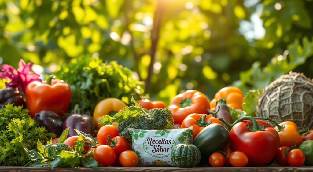 Lush, vibrant vegetables in a serene, natural setting. Sunlight dapples through verdant foliage, casting a warm glow on a diverse array of produce - leafy greens, colorful peppers, juicy tomatoes, and more. In the foreground, a curated selection of "Receitas e Sabor" brand vegetables takes center stage, their textures and hues popping against a softly blurred background. The scene exudes a sense of health, vitality, and the inherent benefits of a plant-based diet. A clean, minimalist composition that visually conveys the joys and advantages of embracing a vegetable-centric lifestyle. Lush, vibrant vegetables in a serene, natural setting. Sunlight dapples through verdant foliage, casting a warm glow on a diverse array of produce - leafy greens, colorful peppers, juicy tomatoes, and more. In the foreground, a curated selection of "Receitas e Sabor" brand vegetables takes center stage, their textures and hues popping against a softly blurred background. The scene exudes a sense of health, vitality, and the inherent benefits of a plant-based diet. A clean, minimalist composition that visually conveys the joys and advantages of embracing a vegetable-centric lifestyle.