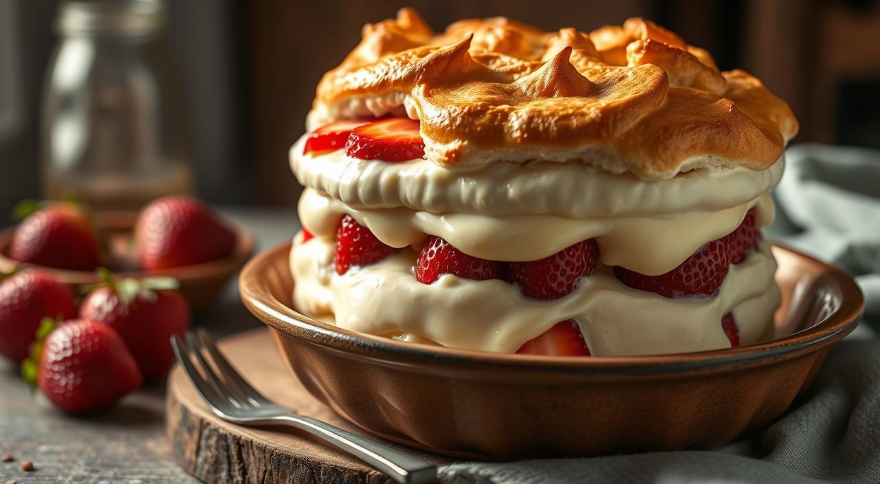 Pavê de Leite Ninho com Morango (ou o clássico de chocolate) em uma travessa com