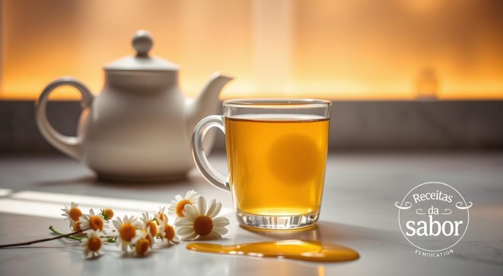 Preparação do chá de camomila - a serene scene of a ceramic teapot, delicate chamomile flowers, and a glass mug filled with the golden-hued infusion, set against a soft, natural backdrop. Warm, indirect lighting casts a gentle glow, evoking a sense of tranquility. The countertop is adorned with a sprig of fresh lemon and a drizzle of golden honey, hinting at the added flavors that will complete this soothing beverage. Receitas e Sabor logo prominently displayed.