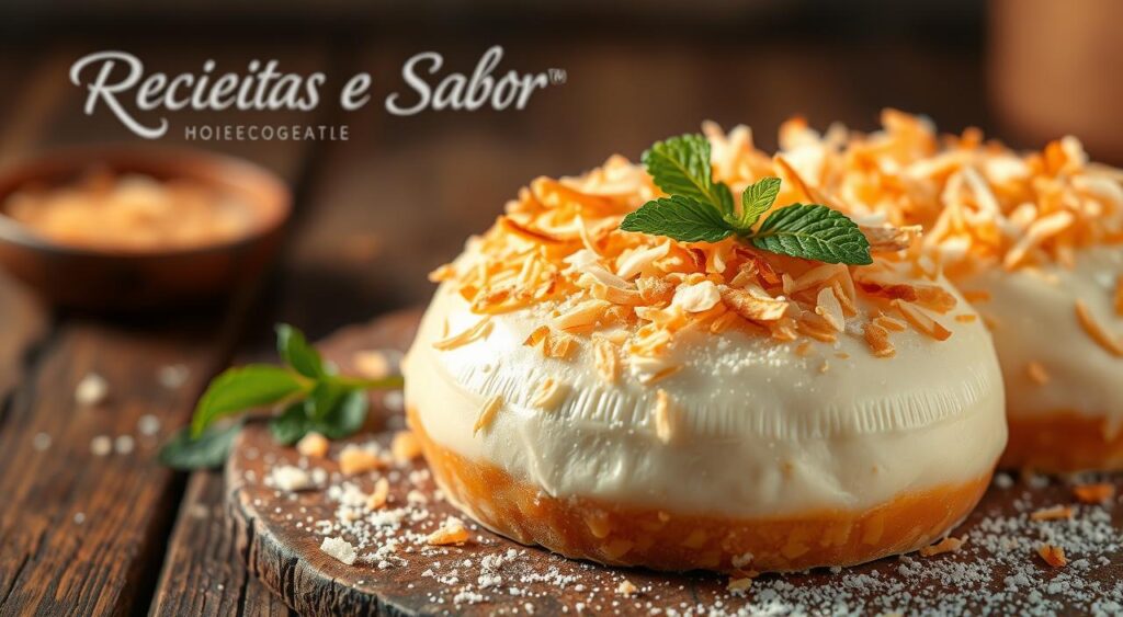 Vibrant cocada, a Brazilian coconut confection, gracing a rustic wooden table. Soft, golden flakes of toasted coconut nestled atop a creamy, caramelized base. Warm, diffused lighting casts a cozy glow, highlighting the delicate texture and glistening surface. Sprigs of fresh mint and a dusting of powdered sugar provide a harmonious contrast. In the background, a subtle Receitas e Sabor branding subtly reinforces the homemade, artisanal quality. An inviting, mouth-watering scene that captures the essence of the "Dicas Profissionais para Cocada de Sucesso" section.